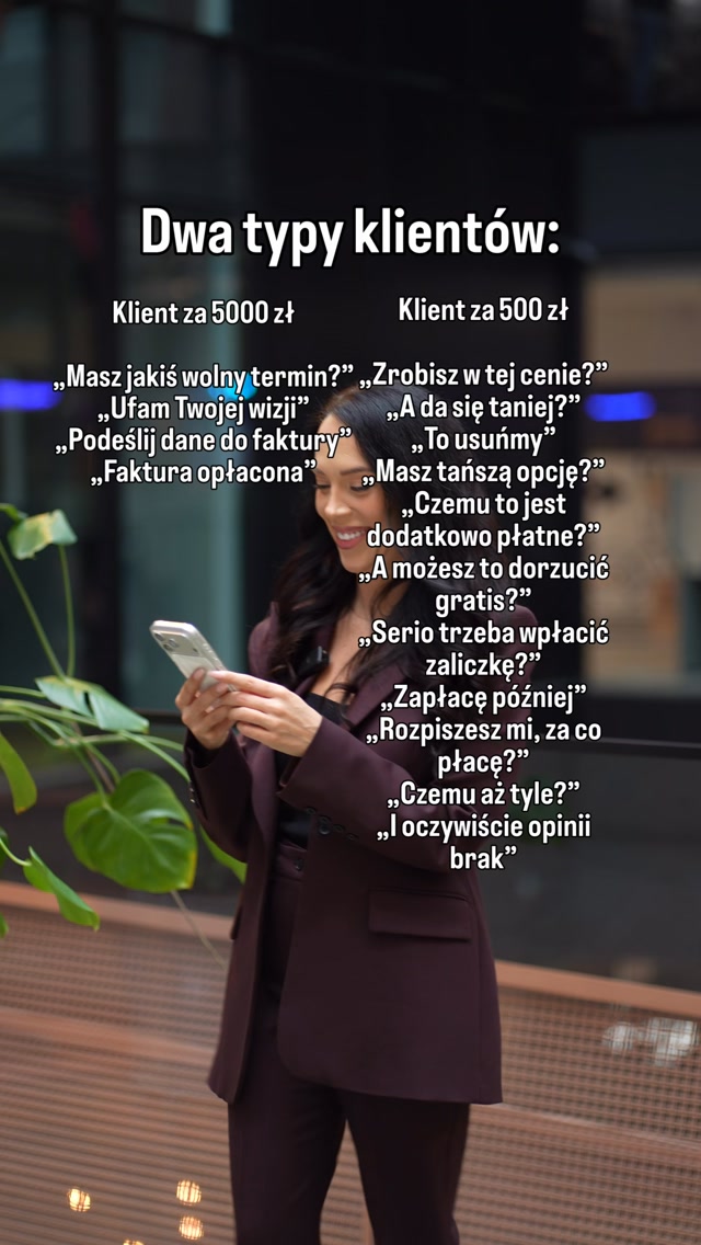 Dwa typy klientów… i dwa zupełnie różne doświadczenia 👀
Jedni szukają najniższej ceny.
Drudzy wybierają jakość, spokój i efekt. Inwestują w doświadczenie.
Różnica?
Prezentacja. Obsługa. Wrażenie, które zostaje z Tobą na długo.
Nie jesteśmy dla każdego i właśnie o to chodzi :)
Po więcej motywacji w życiu i biznesie
👉🏻 obserwuj @mariolahryszko
👉🏻 obserwuj @mariolahryszko
👉🏻 obserwuj @mariolahryszko
#sprzedaż #psychologiasprzedaży #kobietawbiznesie #biznesonline